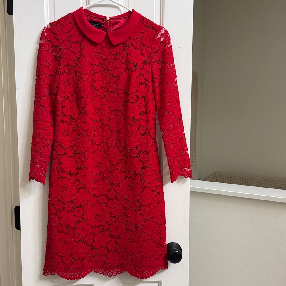 Ted Baker Red Lace Long-Sleeve Dress with Peter Pan Collar